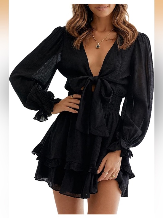 Amazon Dresses & Skirts - AlvaQ Womens V Neck Ruffles Long Sleeve Black Mini Dress, Medium